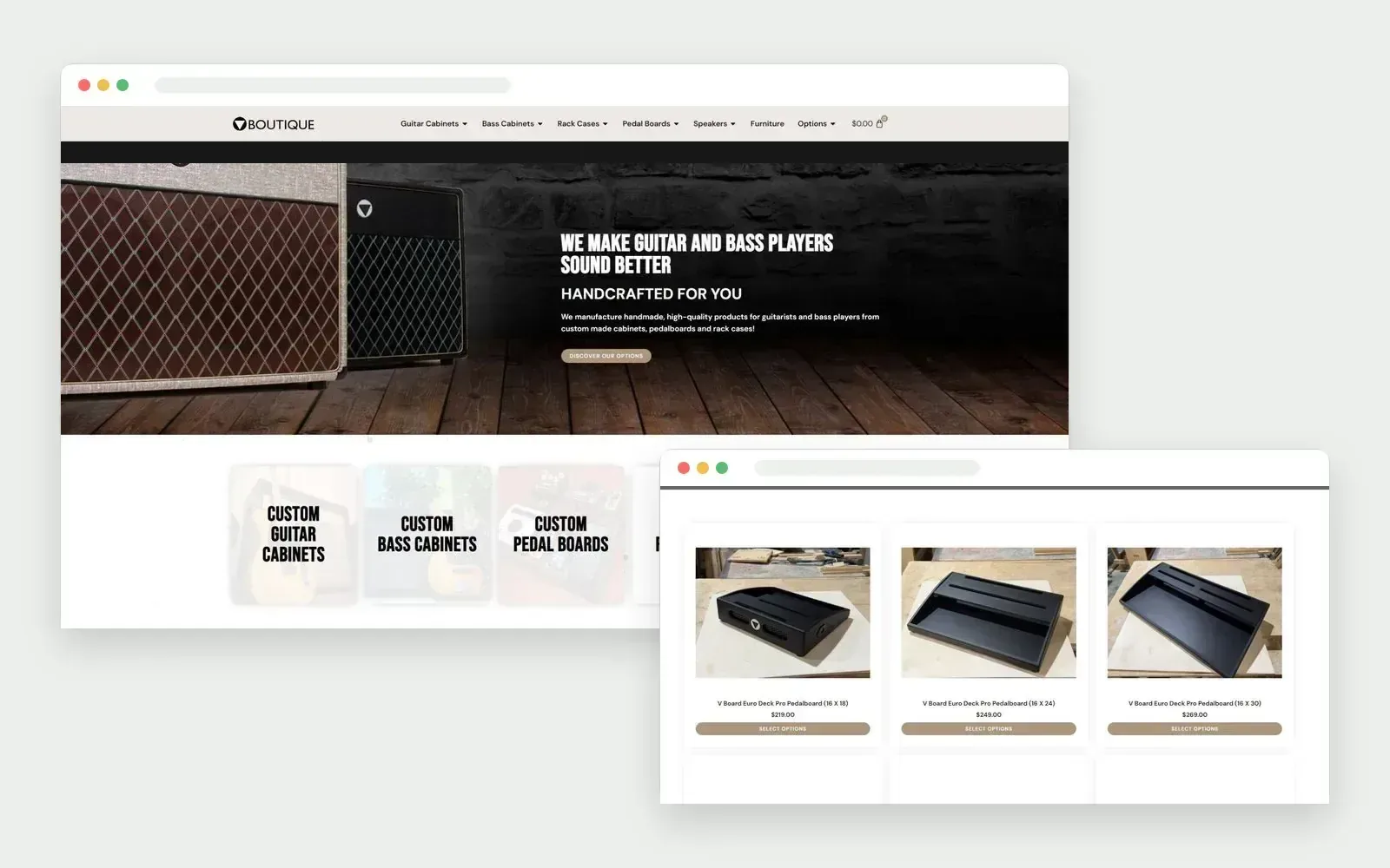 Custom music-gear ecommerce storefront showing a modular pedalboard product